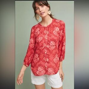 Akemi & Kin Anthropologie Coconino Floral Red Button Down XS Women's Top